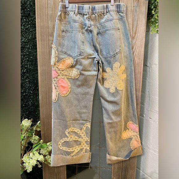 Blue and Pink Flare Jeans with Artistic Butterfly Design - Picture 6 of 15